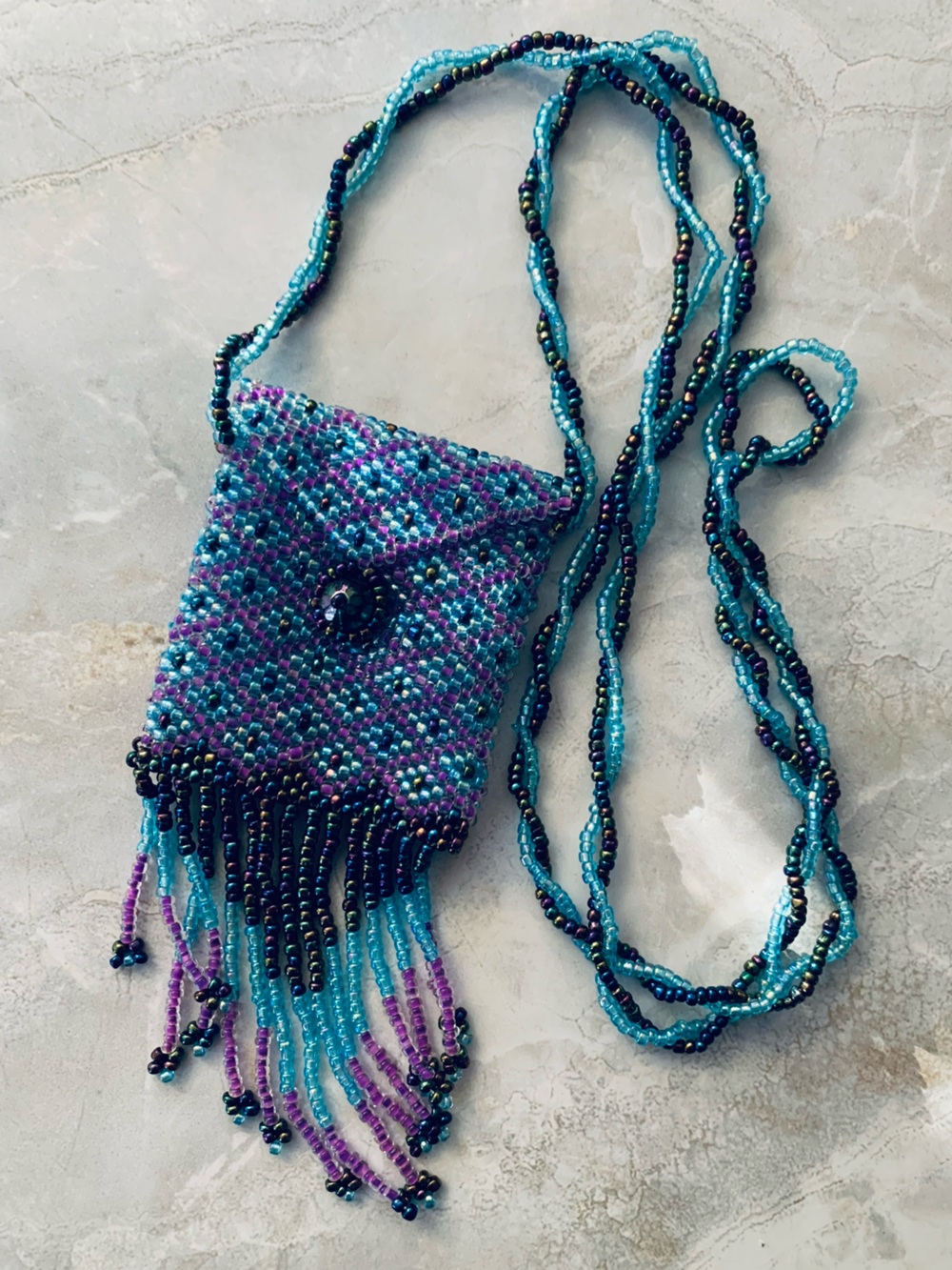 Native American Beaded Fringed Medicine Pouch in Teal & Purple’s
